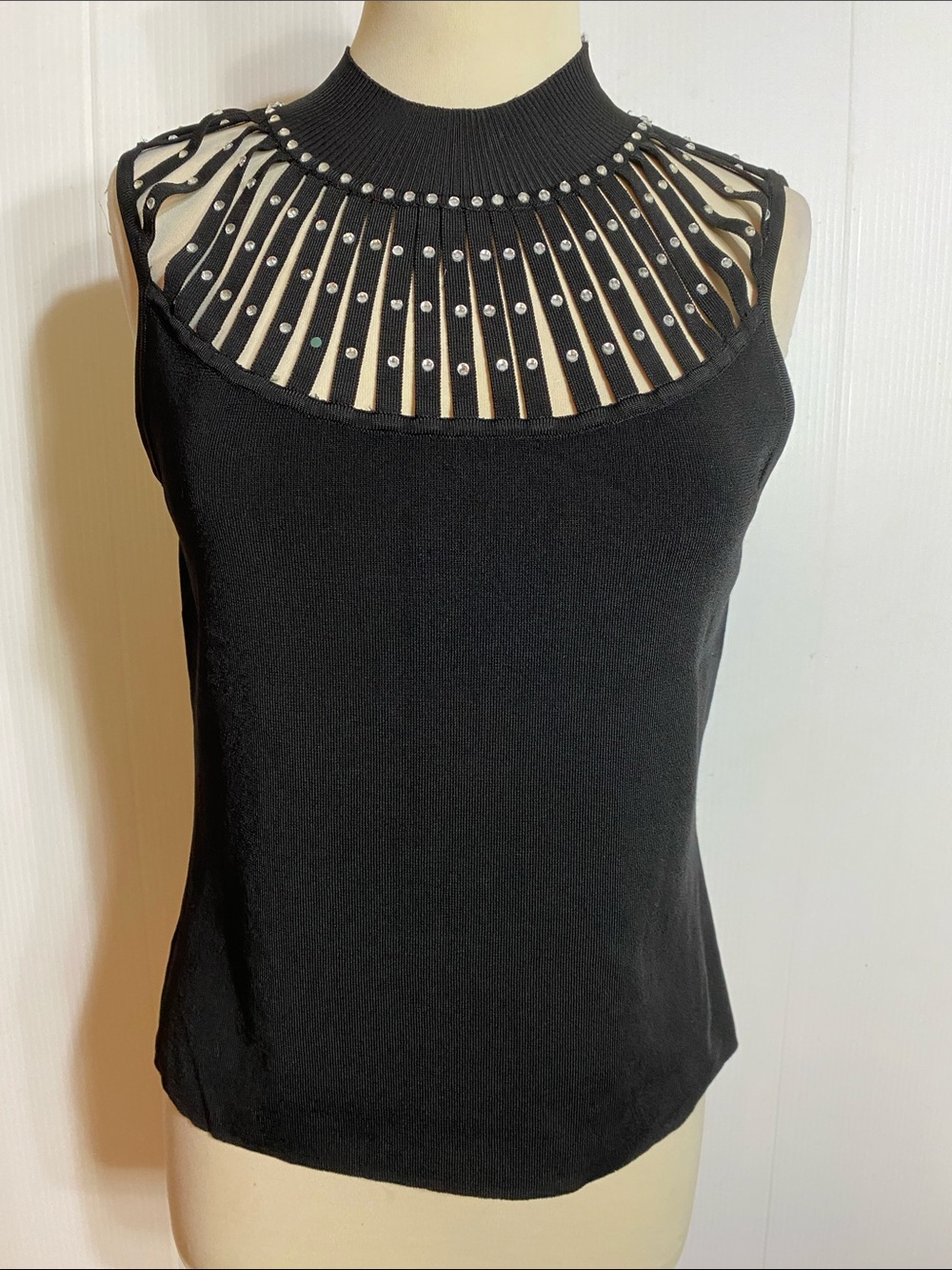 Sleeveless Black Studded Mock Neck Cutout Tank Top